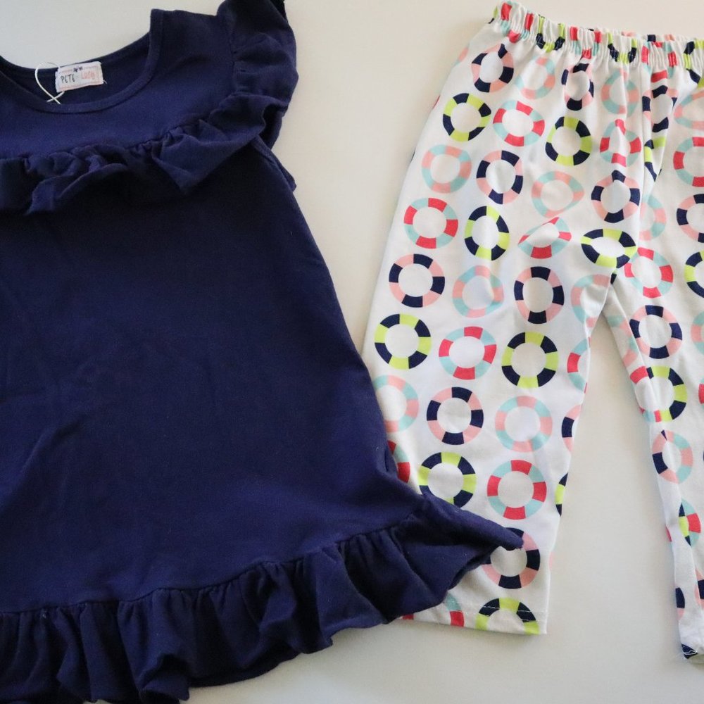 Pete + Lucy Navy Ruffle Bib Top White Striped Circle Capri Set Girls 6/6X